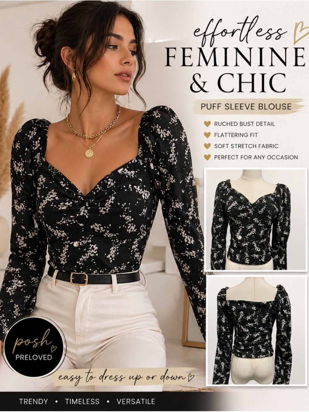 Preloved Black & Ivory Abstract Print Puff Sleeve Blouse Ruched Bust Top